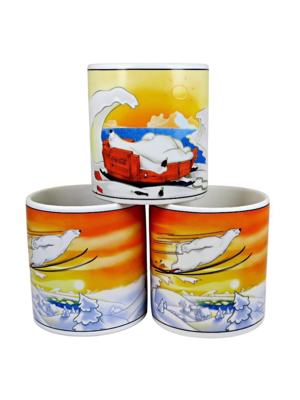 Coca‑Cola Polar Bear Mugs, Sakura 1990s Stoneware Set of 3, 15 oz Coffee Cups